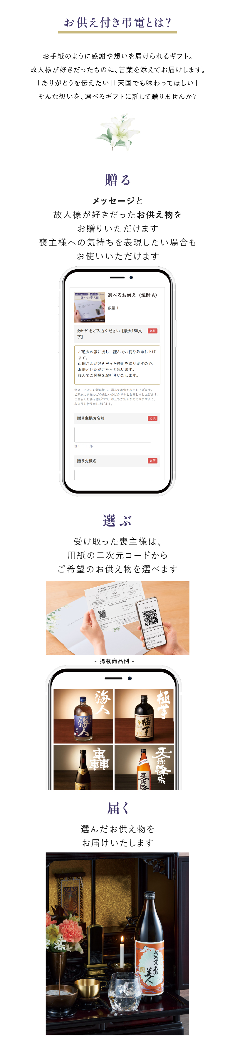 お供え付き弔電とは、喪主様に贈る、喪主様が選ぶ、届くものです。