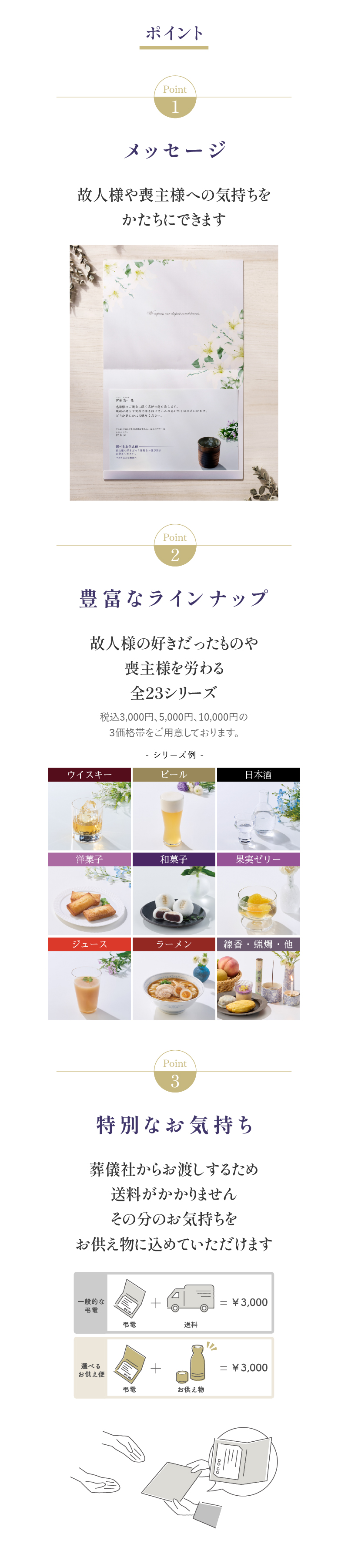 ポイント1メッセージ。個人様や喪主様への気持ちをかたちにできます。2豊富なラインナップ。故人様の好きだったものや喪主様を労わる3特別なお気持ち葬儀社からお渡しするため、送料がかかりませんその分のお気持ちをお供え物に込めていただけます。